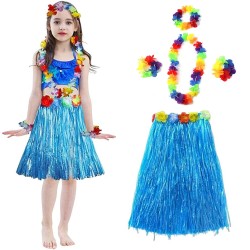 Yetişkin ve Çocuk Uyumlu Hawaii Luau Aloha Mavi Püsküllü Etek Kolye Taç ve 2 Adet Bileklik Seti