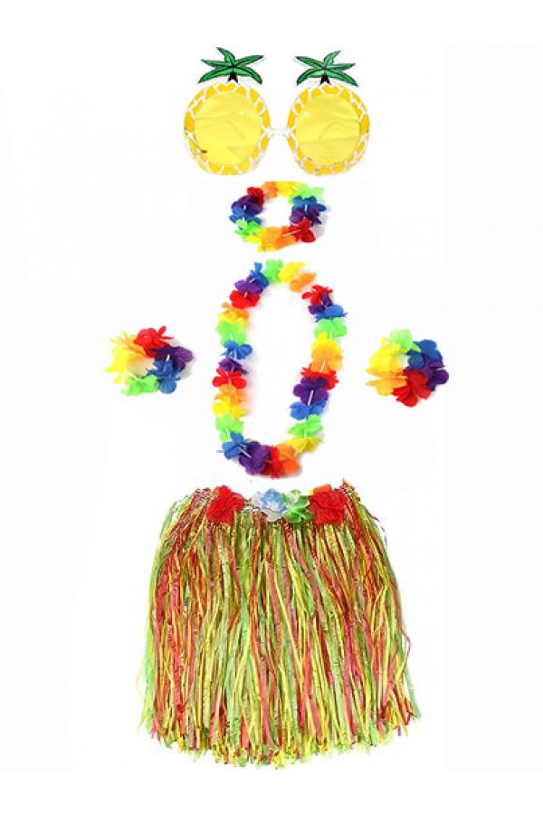Yetişkin ve Çocuk Uyumlu Luau Aloha Hawaii Rengarenk 40 cm Etek Ananas Şekilli Gözlük Hawaii Kolye Renkli Taç ve 2 Adet Bileklik Seti