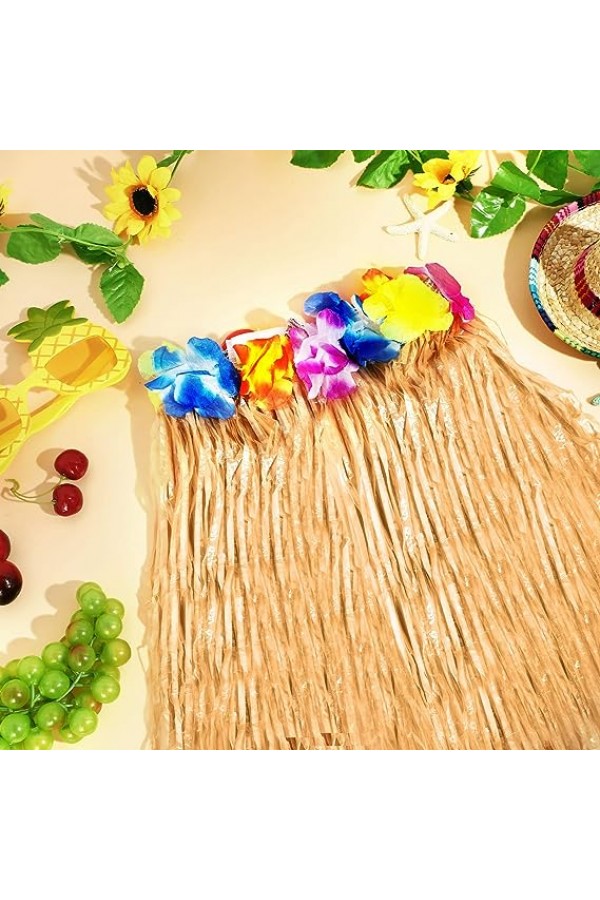 Yetişkin ve Çocuk Uyumlu Saman Renk Hawaii Luau Hula Etek 40 cm 12 Adet
